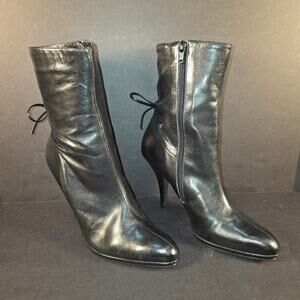 Gianna Bini Black Leather Ankle Boots Stiletto Heels Rear Lace-up Detail Sz 8.5M